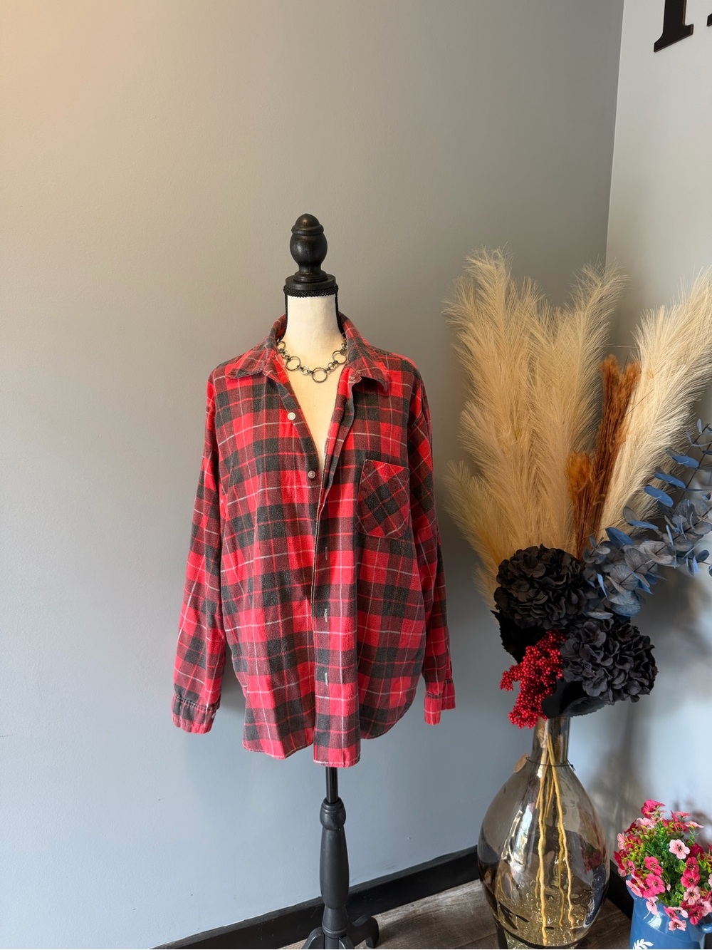 Men's Red and Black Plaid Button-Down Casual Shirt